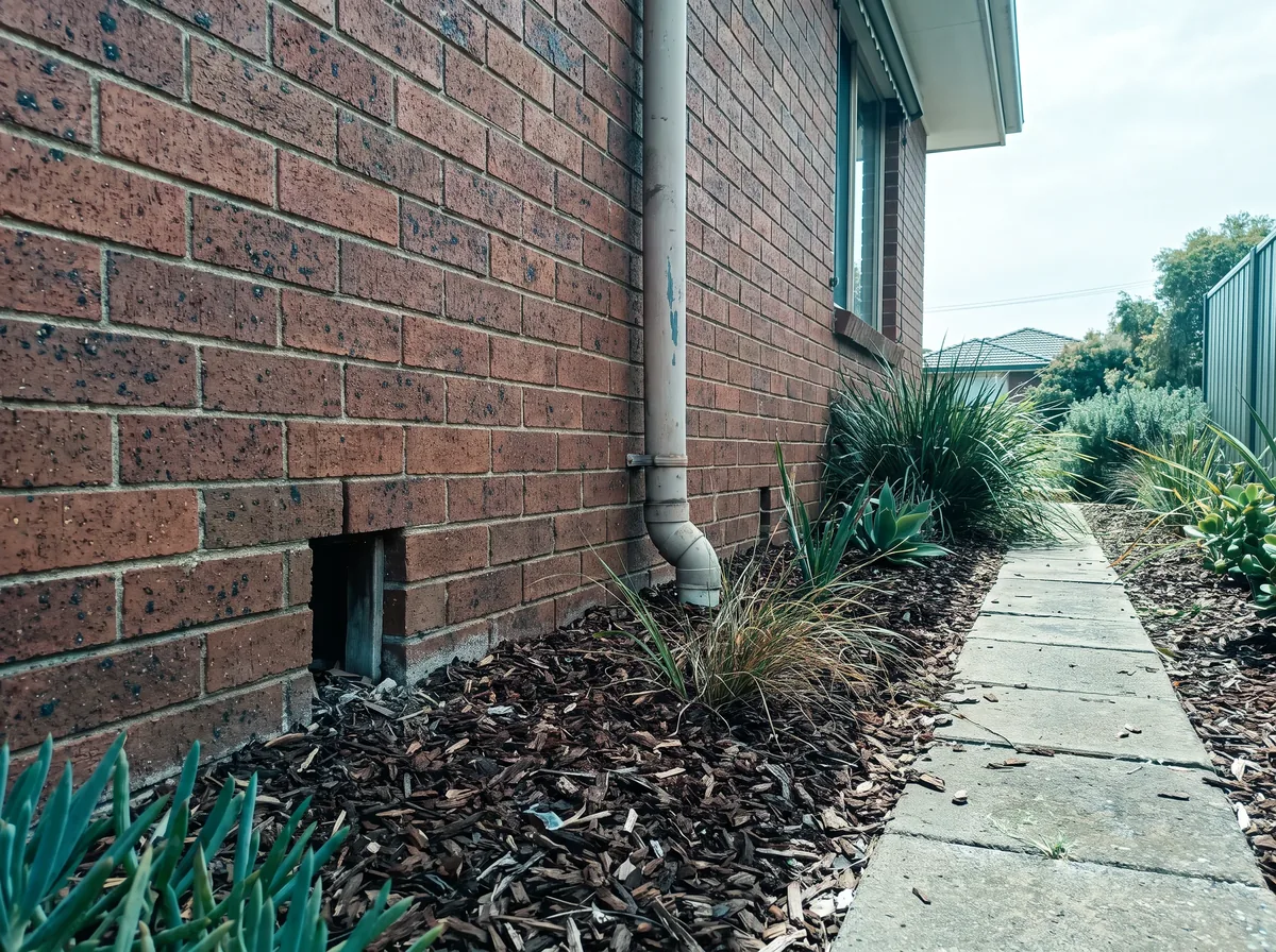 A line of ants trailing along the mortar joint of a garden brick edge in spring sun, near the base of a house wall