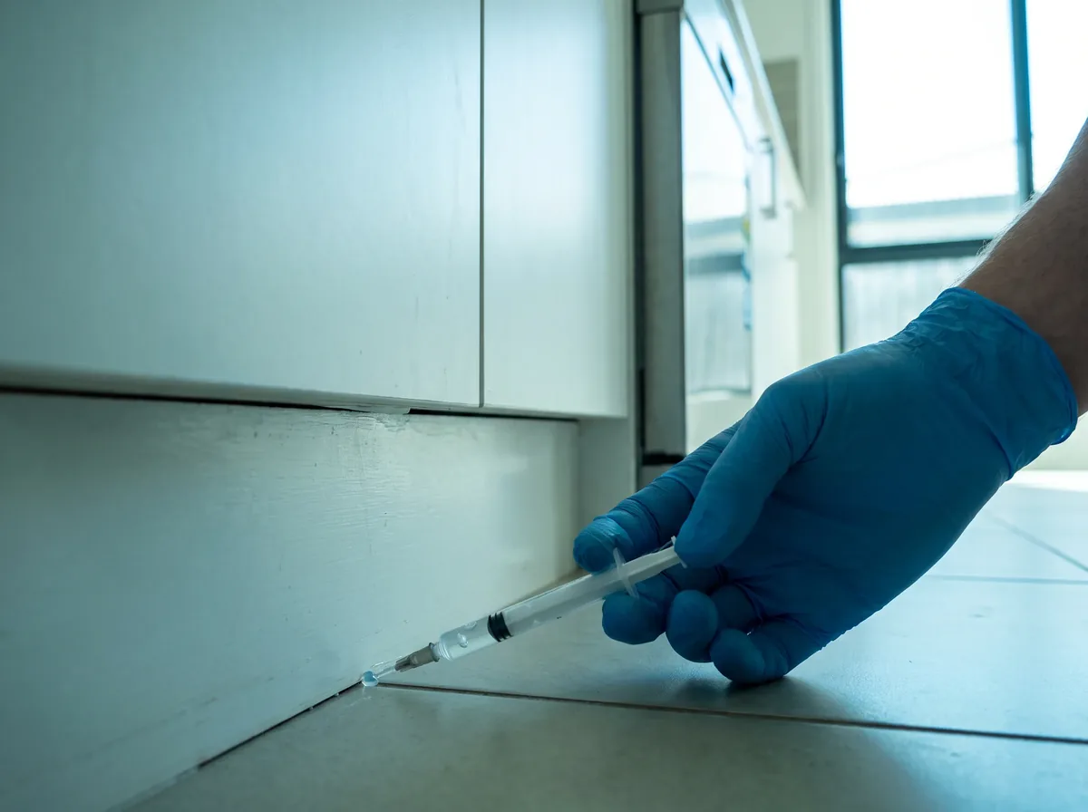 A technician's gloved hand placing a small dot of clear gel bait into the gap under a kitchen kickboard
