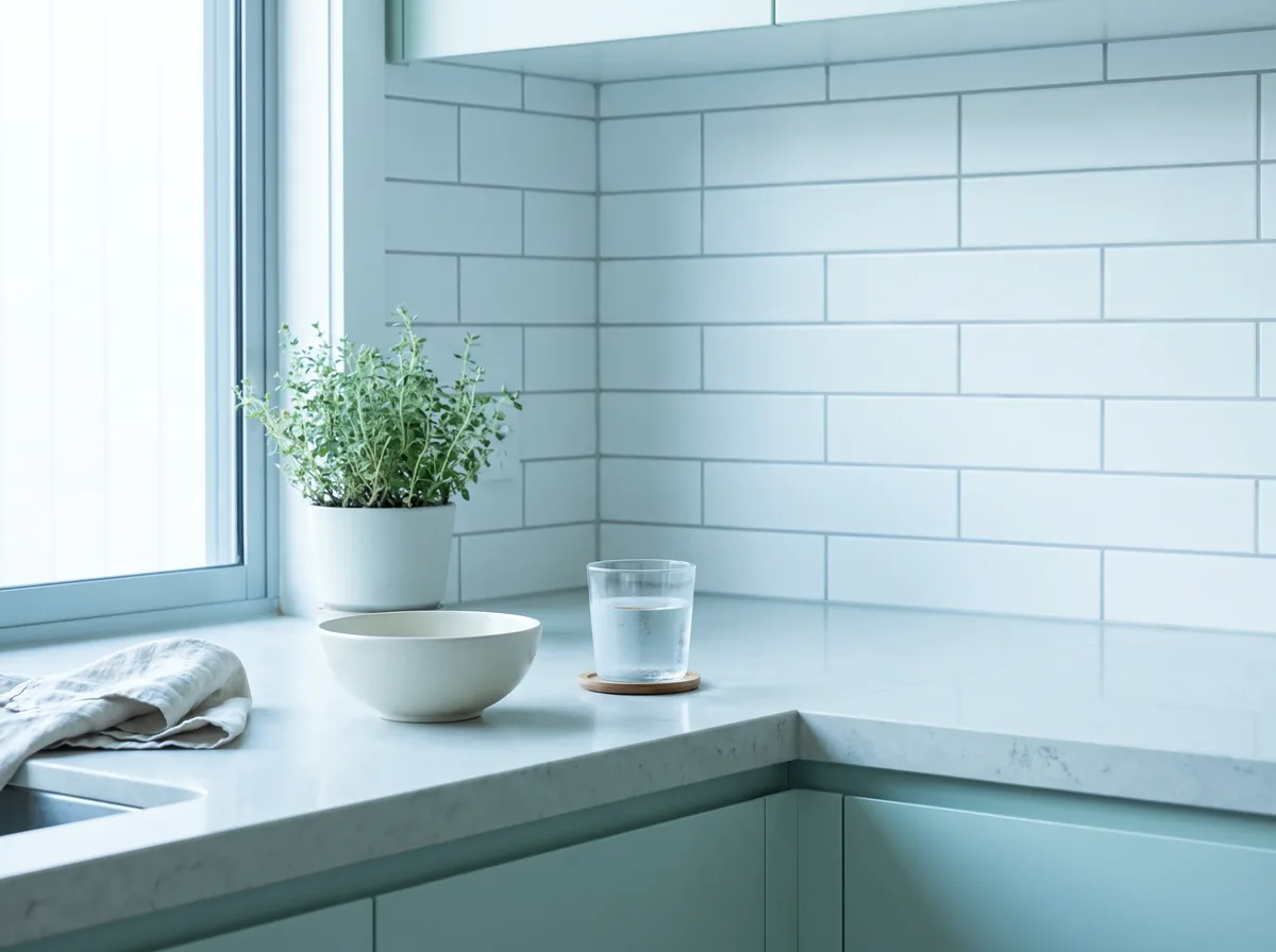 A clean pale kitchen benchtop meeting a white tiled splashback in cool morning light, a bowl and a glass of water to one side