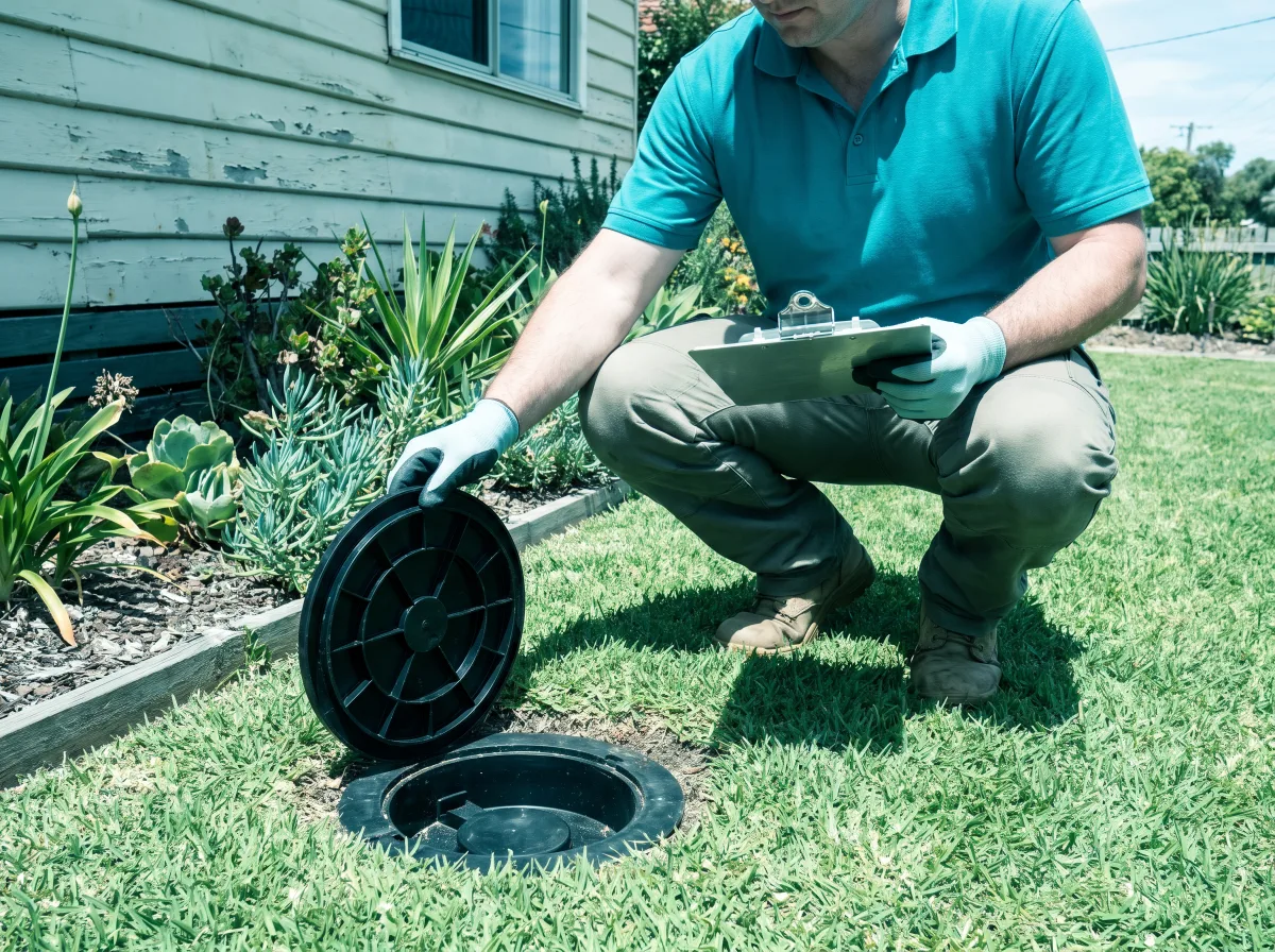 A technician in a teal polo crouches on a suburban lawn, lifting the round black lid off an in-ground termite monitoring station set flush into the soil, clipboard in hand
