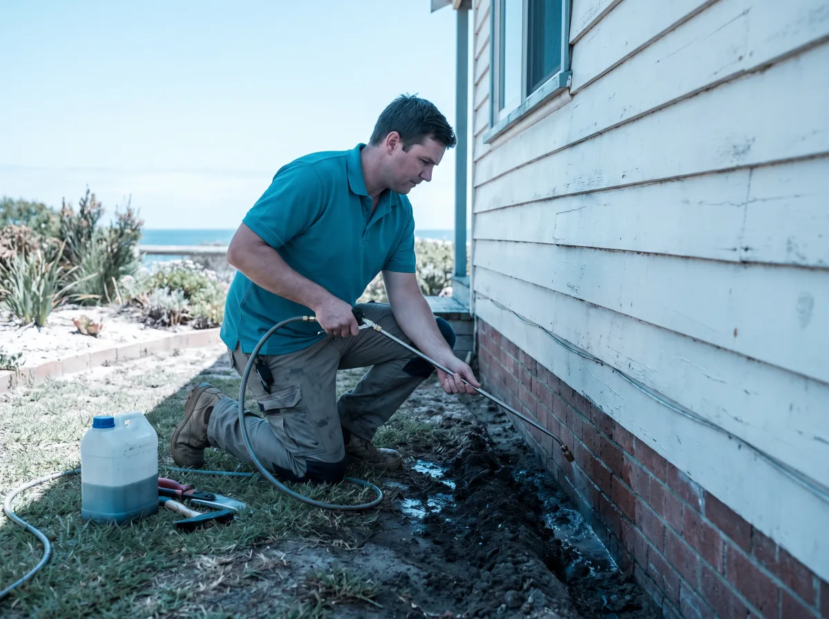 A technician in a teal polo kneels at the brick footing of a weatherboard home, applying liquid termite soil treatment from a hand lance into a shallow trench dug along the foundation