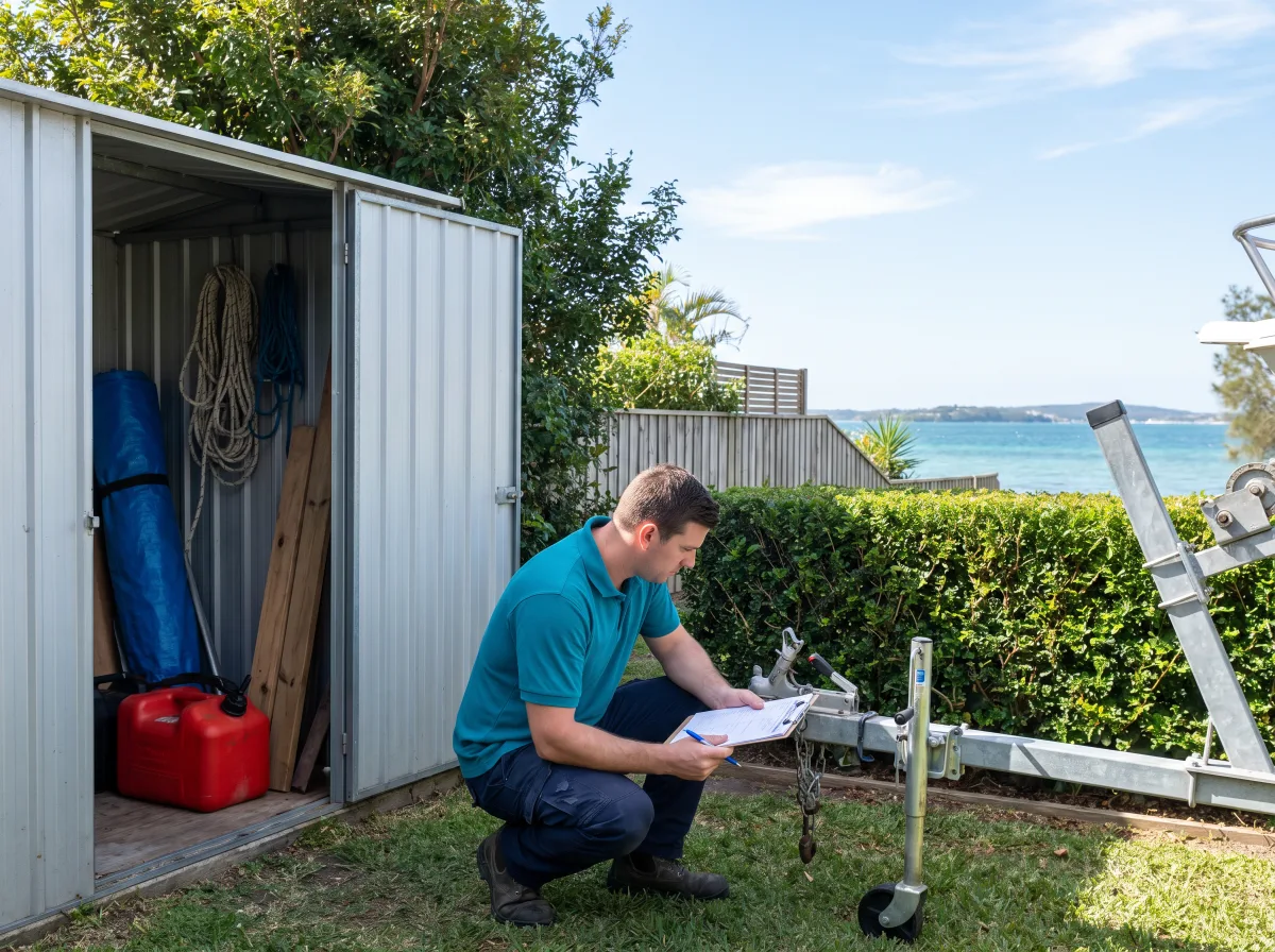 A technician in a plain teal polo crouches beside a boat trailer in a Belmont backyard, checking under the draw-bar and the timber and marine gear stacked against the wall of an open garden shed, clipboard in hand, the blue-green lake visible beyond the back fence