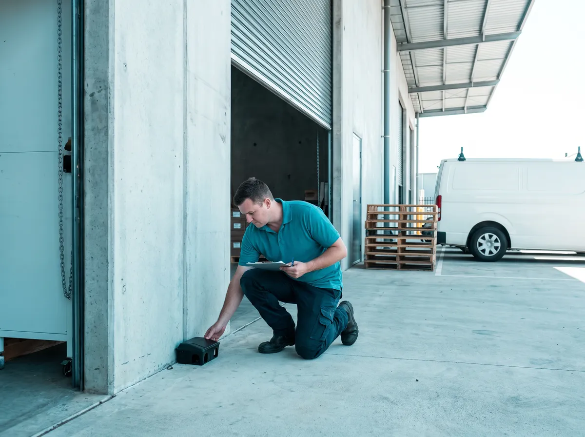 A technician in a plain teal polo kneels at the rear roller door of a light-industrial unit on a Cardiff trade estate at midday, setting a discreet monitoring station along the base of a concrete tilt-panel wall, clipboard in hand