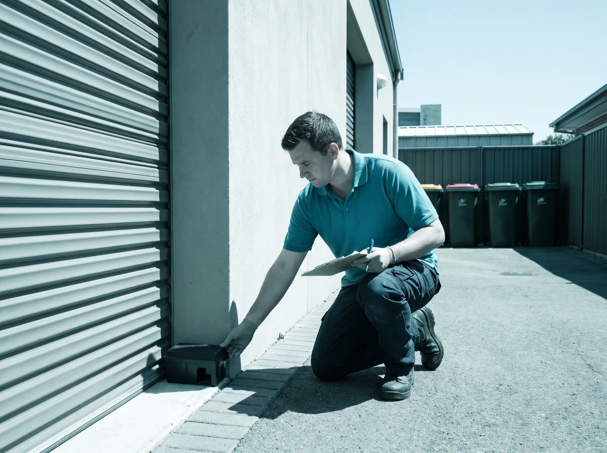 A technician in a plain teal polo kneels at the rear service area of a Charlestown shopfront, setting a discreet monitoring station along the wall near a roller door, clipboard in hand