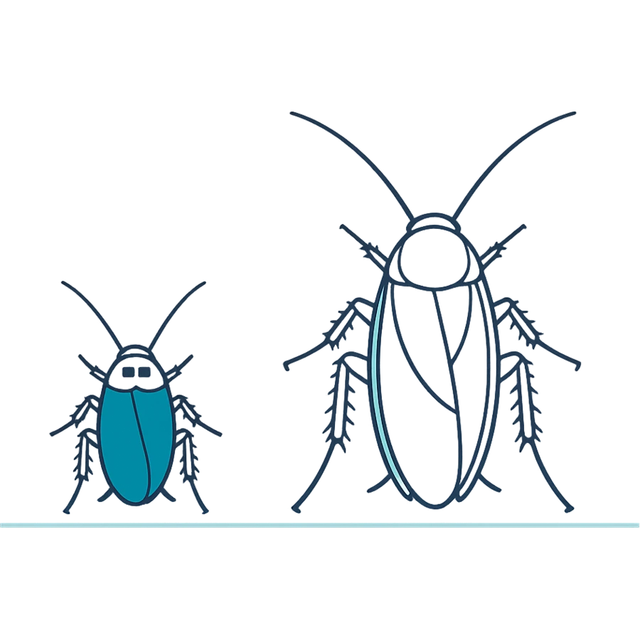 A diagram comparing a small striped German cockroach beside a much larger Australian cockroach, showing the size difference