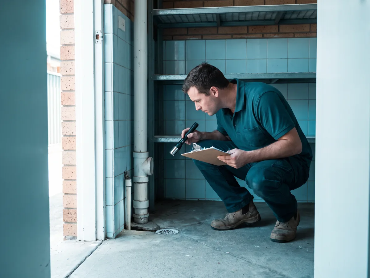 A pest technician crouches in a unit block's shared services cupboard, checking the gap around pipes and a floor waste with a torch