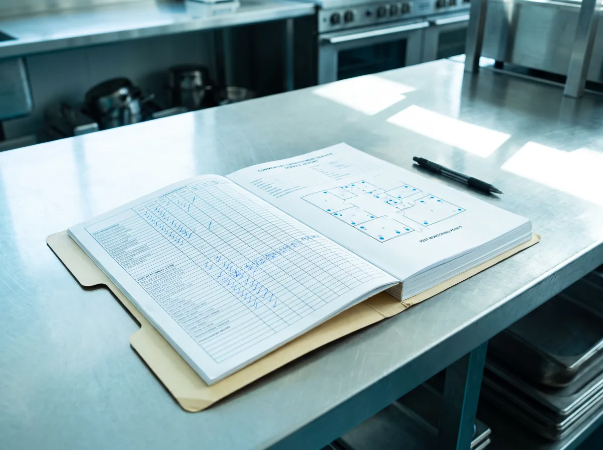 An open commercial pest service folder on a stainless-steel cafe kitchen bench, showing a ruled service report and a floor-plan diagram with numbered monitoring station dots