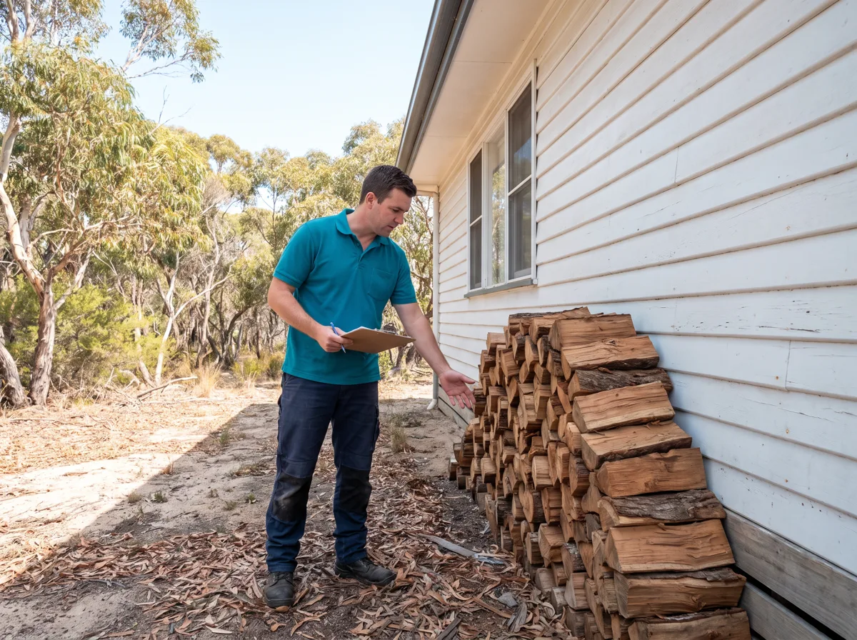 A tall stack of split firewood piled against the weatherboard wall of a bush-fringe home, a technician gesturing at where the timber meets the soil and the wall