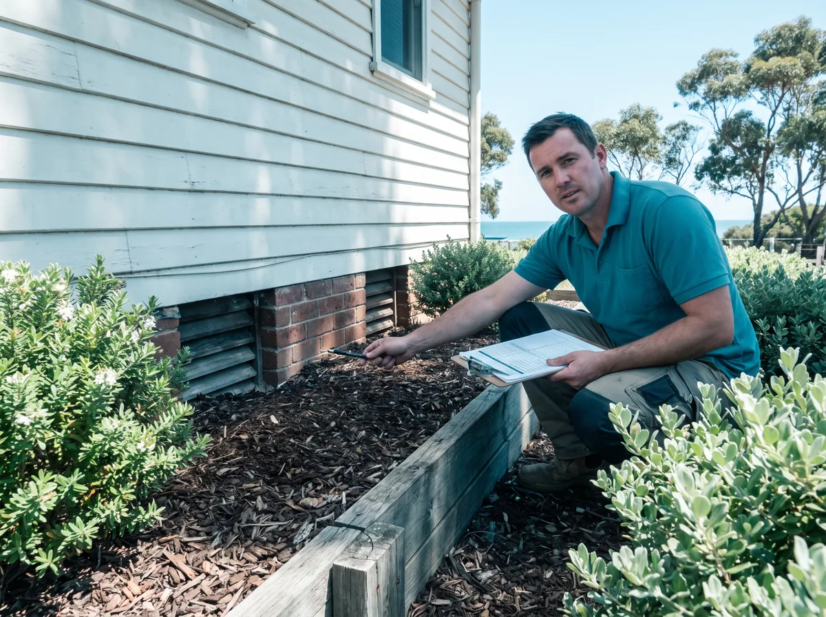 A technician points a pen at the row of subfloor vents on a weatherboard home where a raised, mulched garden bed has been built up over them