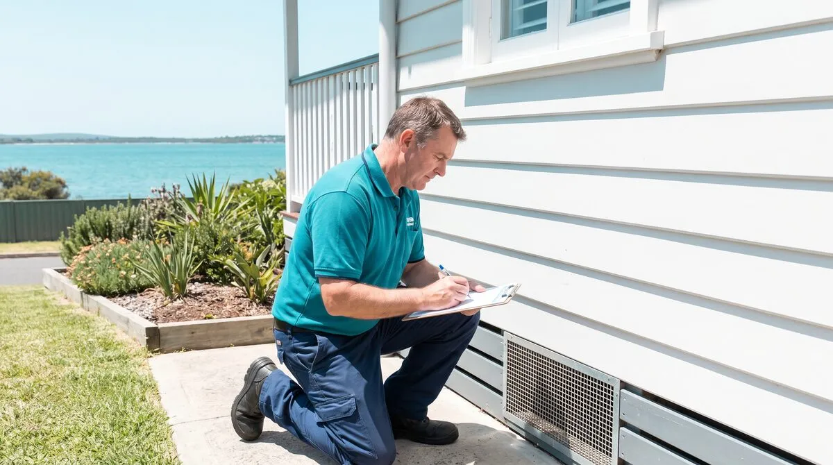 A pest control technician kneels at a subfloor vent on a white weatherboard wall, writing on a clipboard, with Lake Macquarie behind