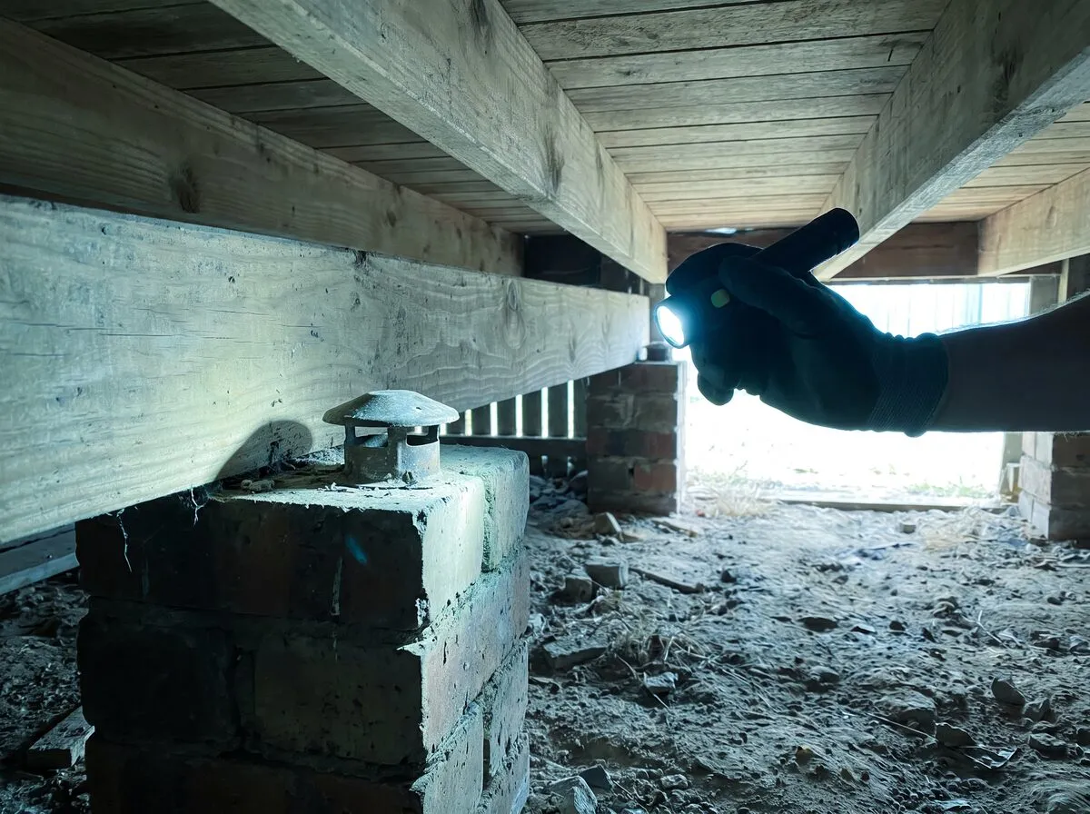 A torch beam held on the metal ant cap of a brick pier in a subfloor, timber bearers above