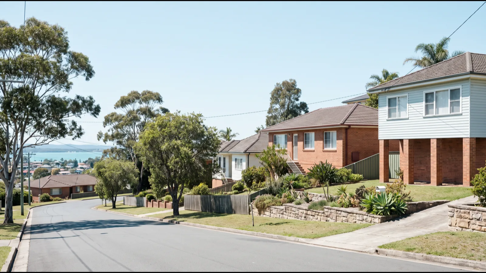 An established Mount Hutton street at midday climbing a hillside above Charlestown: single-storey brick and weatherboard homes stepped up the slope on tall piers, low retaining walls and terraced front gardens, the rooftops of Charlestown and a strip of Lake Macquarie in the distance