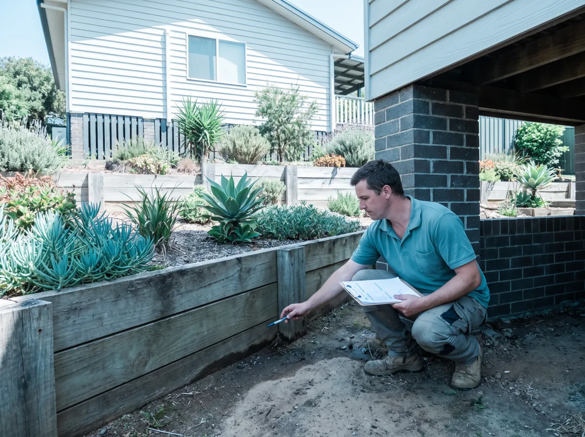 A pest control technician in a plain teal polo crouches at the base of a hillside home where a timber sleeper retaining wall and a terraced garden bed meet the high-set subfloor, pointing a pen at the damp soil line against a tall brick pier and noting it on a clipboard, midday light