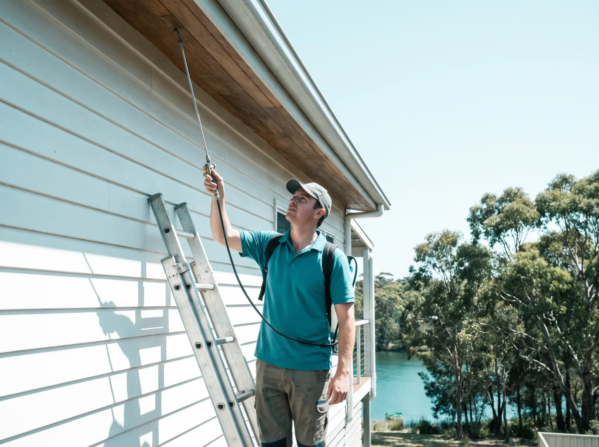 A pest control technician in a teal polo on an aluminium ladder treating under the eave of a white weatherboard house in bright daylight, a glimpse of the lake behind