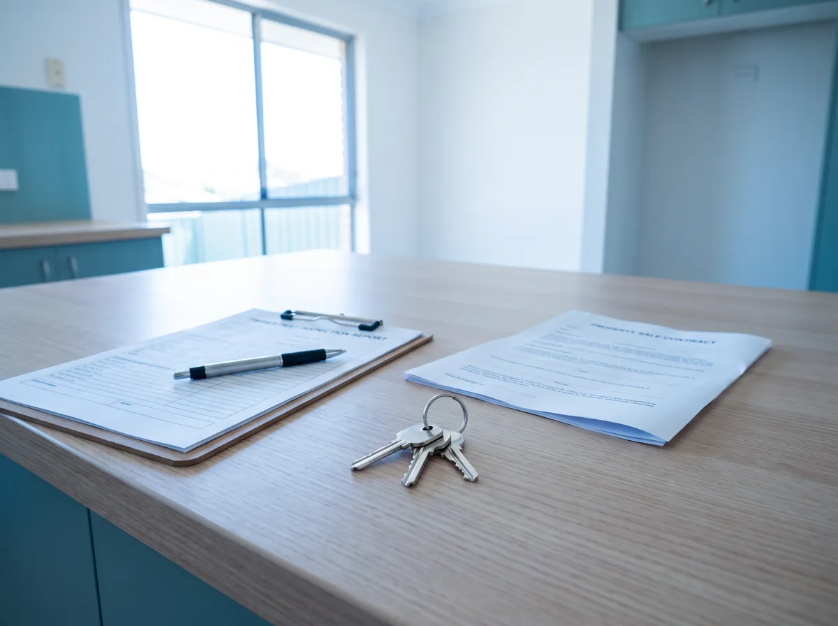 A timber pest inspection report on a clipboard, a set of house keys and a folded property sale contract on the kitchen bench of an empty home being sold, cool daylight through the window