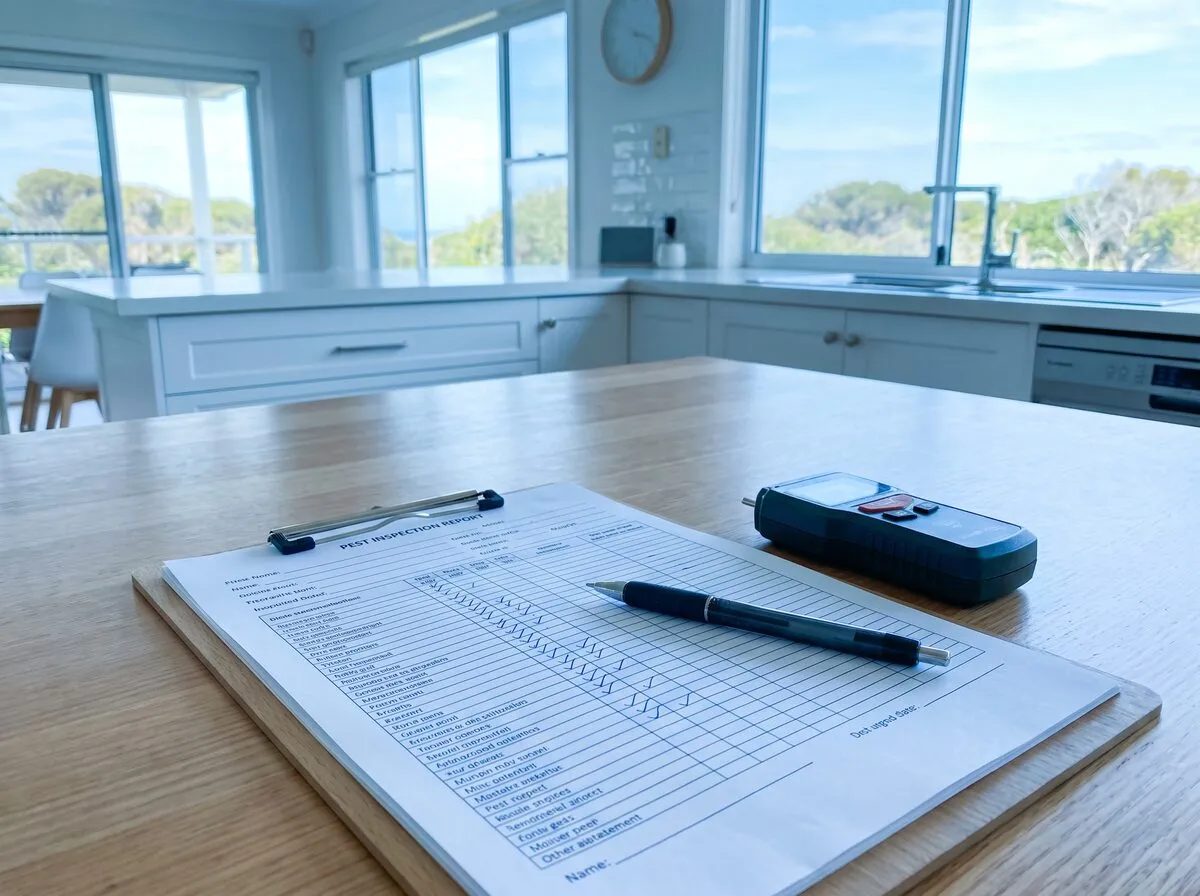 A pest inspection report on a clipboard on a kitchen bench, a pen resting on it and a moisture meter beside it, coastal light through the windows