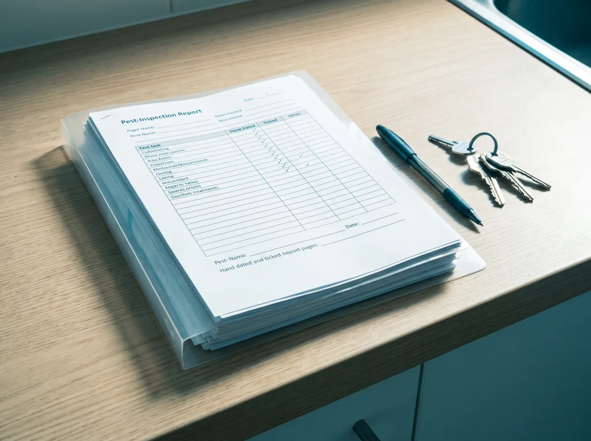 A clear folder of dated home pest-inspection report pages on a kitchen bench beside a pen and house keys, each ruled page ticked by hand