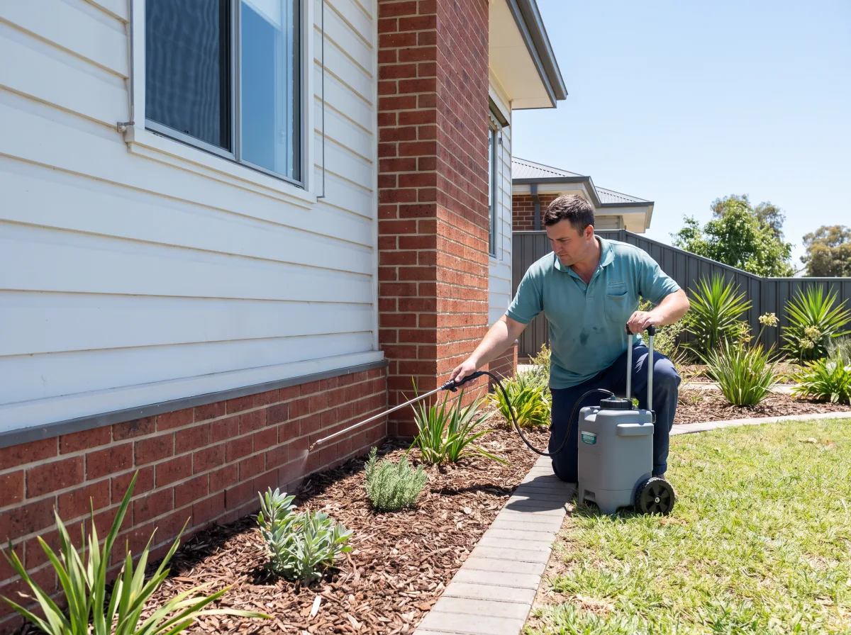 A pest control technician in a teal polo applies a general perimeter treatment along the base of a brick and weatherboard home wall where it meets a tidy garden bed