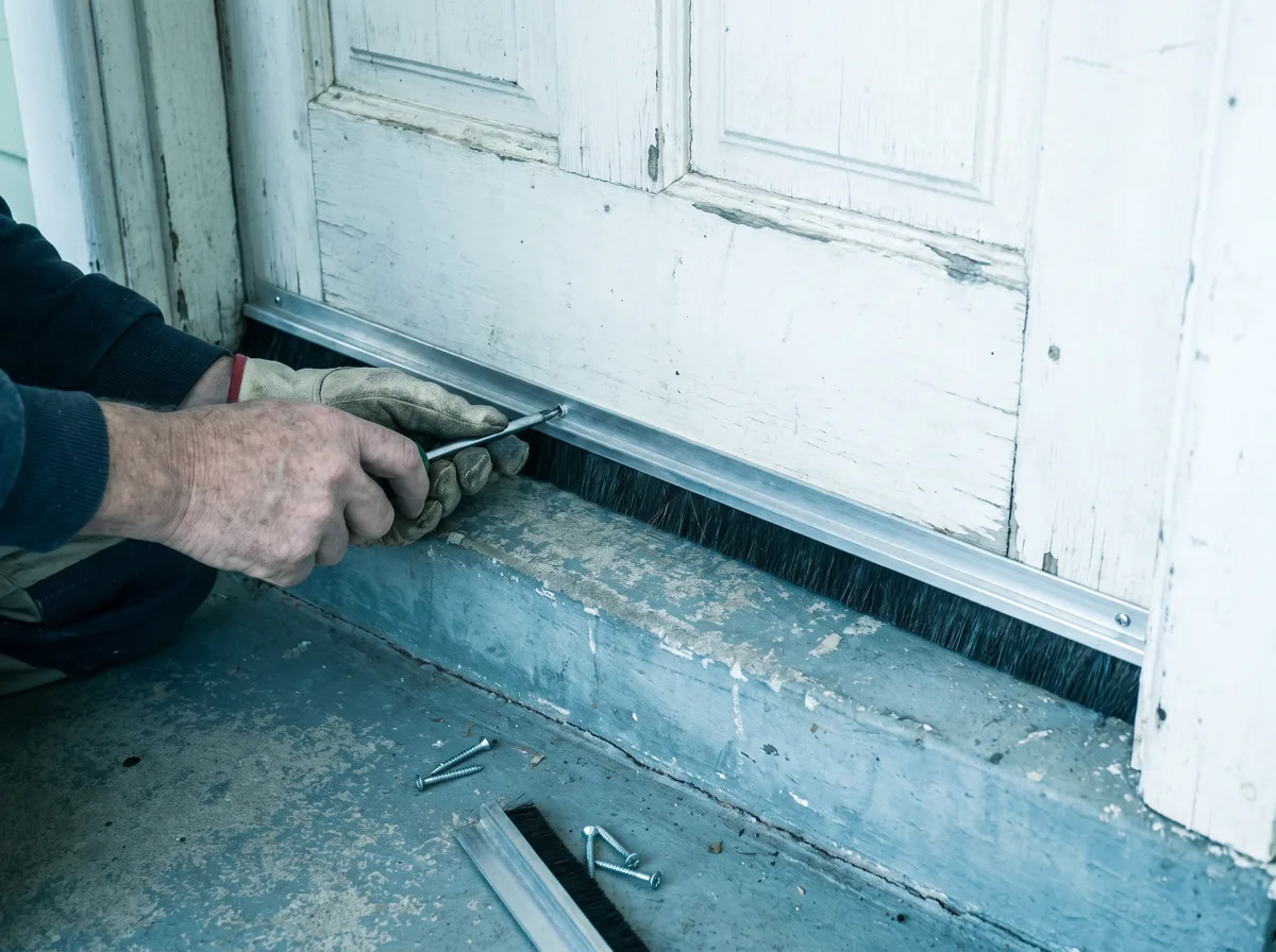 A person's hands fitting a brush-strip door sweep to the bottom of an external timber door of an older home, closing the gap a mouse could use, screwdriver in hand