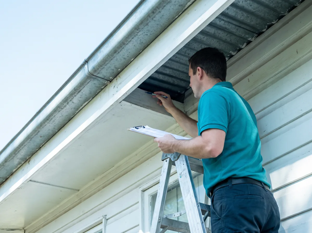 A technician on a step ladder points a pen at a dark gap where the corrugated roof sheet meets the fascia under the eave of an older weatherboard home, a roof rat entry point