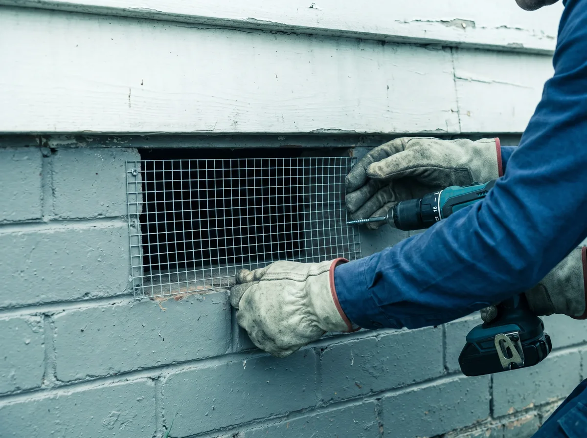 A technician's gloved hands fixing galvanised steel mesh over a subfloor air vent on the brick base of an older weatherboard home, sealing a rodent entry point