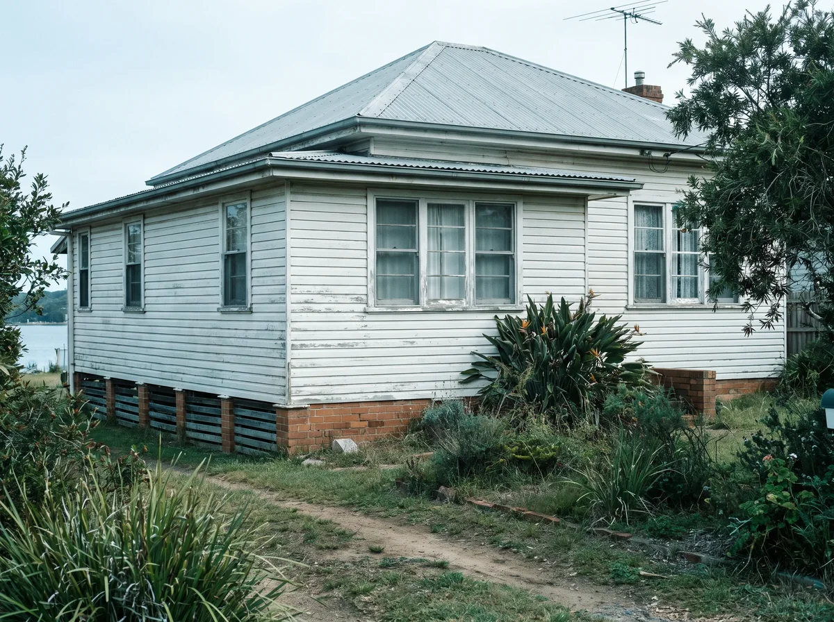 An established single-storey weatherboard cottage on a quiet Lake Macquarie street in cool autumn daylight, low brick base course with subfloor vents