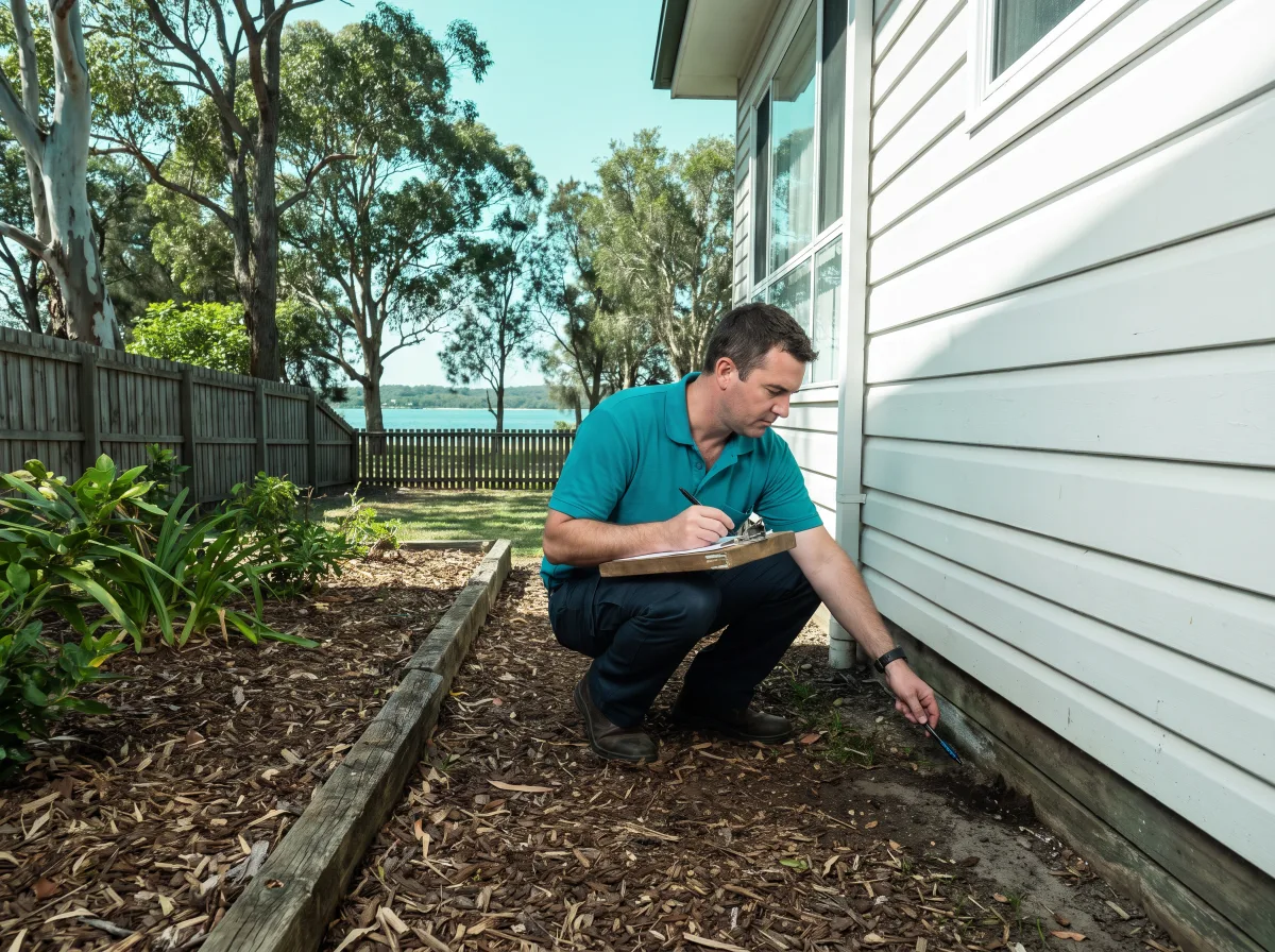 A technician in a plain teal polo crouches at the base of a weatherboard wall where a mulched garden bed with timber sleeper edging meets the house, pointing at the damp soil line with a pen and noting it on a clipboard, parkland trees and the lake foreshore behind the back fence