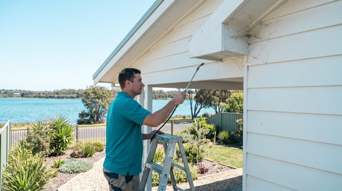 A technician in a teal polo on a step ladder runs a treatment wand along the underside of a white weatherboard home's eaves where cobwebs gather, a blue-green lake behind