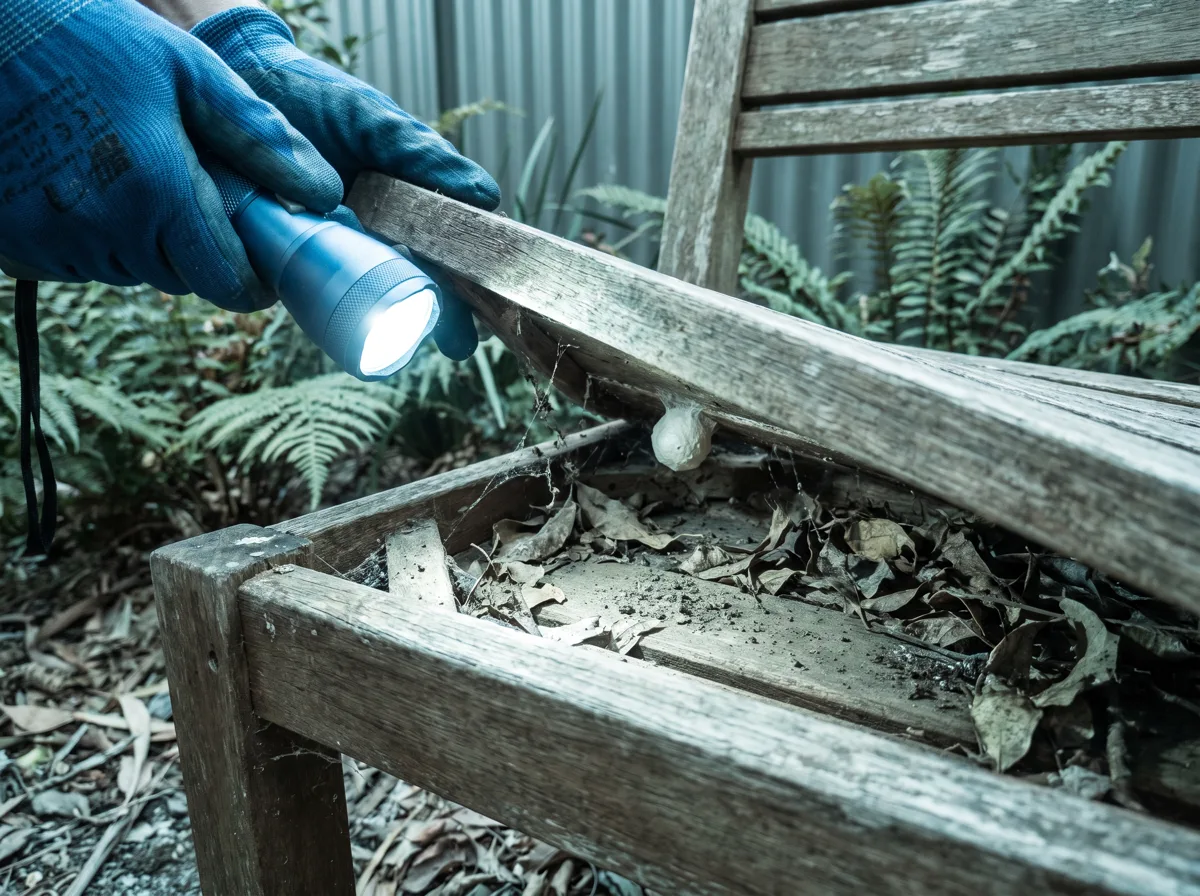 A gloved hand lifts the corner of a weathered timber outdoor bench and shines a torch into the dry, leaf-littered cavity underneath where redbacks shelter