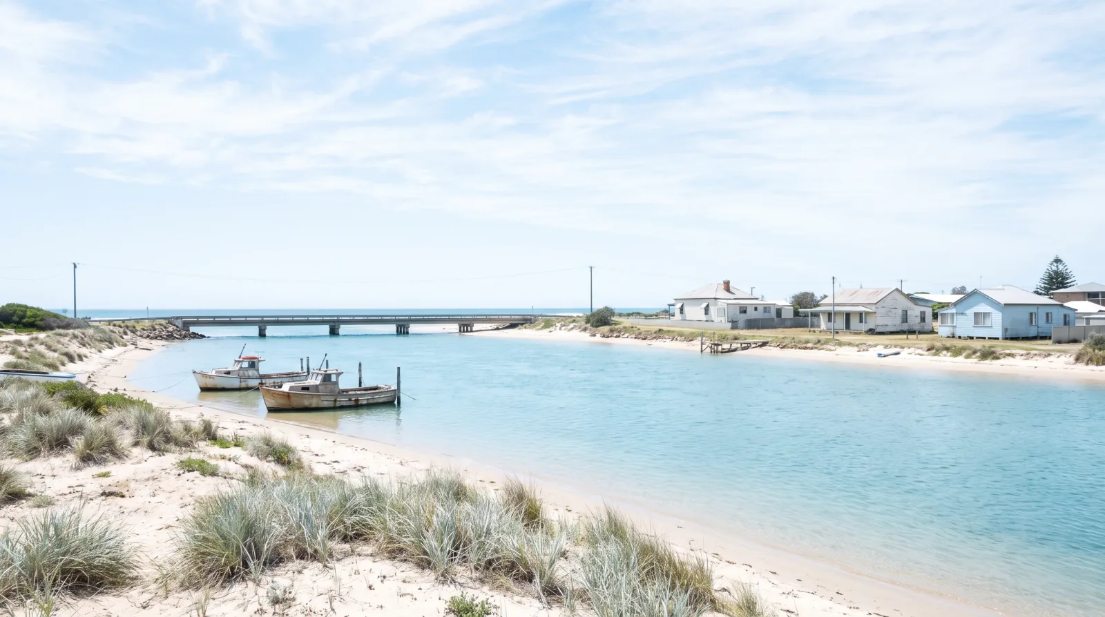 The Swansea channel at midday where Lake Macquarie meets the ocean: a wide flat blue-green waterway running out under a low road bridge toward the sea, sandy banks and marram grass, small moored boats, and modest single-storey homes along the far shore under a big clear sky