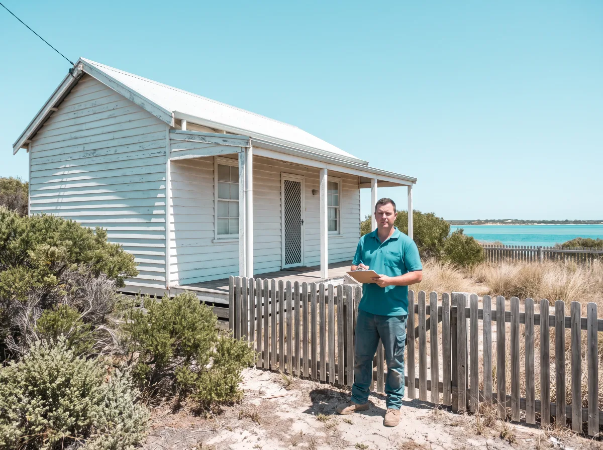 A pest control technician in a plain teal polo stands with a clipboard at the front of a modest, salt-weathered older weatherboard holiday cottage near the water, making a note, with a low paling fence, coastal shrubs and a glimpse of blue-green channel water beyond in bright midday light