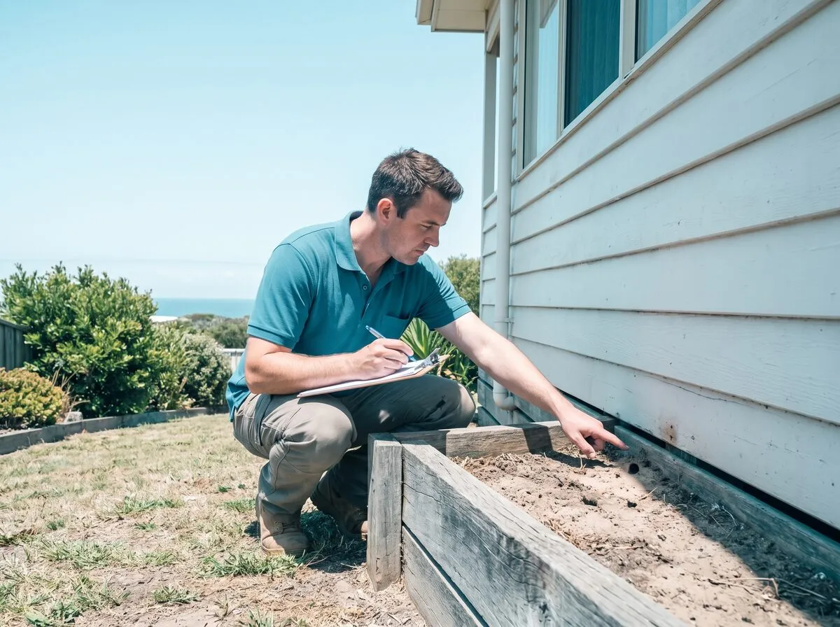 A technician crouches where a timber-edged garden bed meets a weatherboard wall, pointing at the soil line against the house