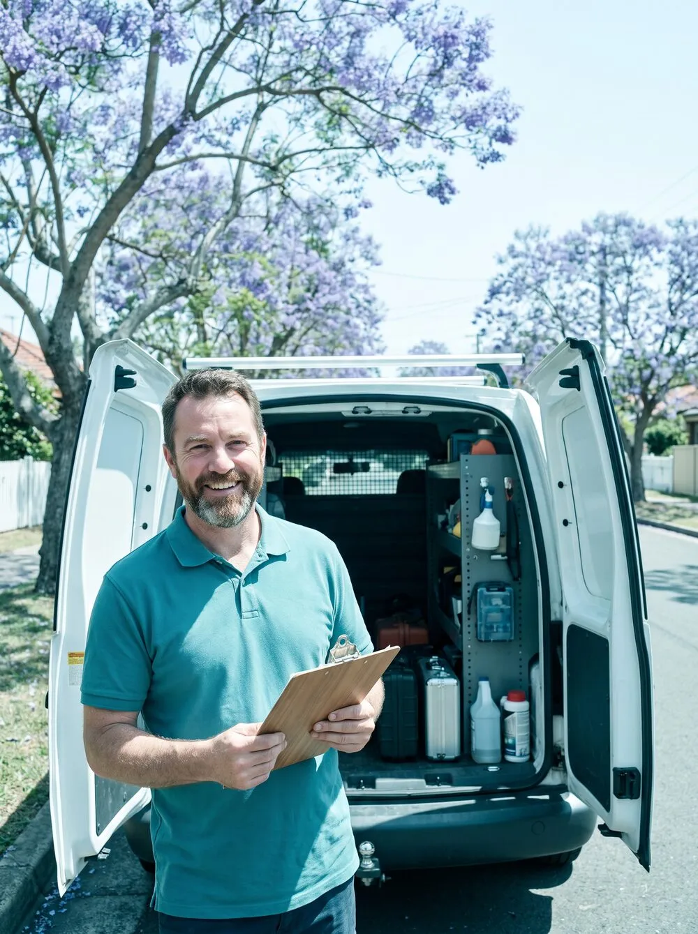 A pest control technician standing at the open rear doors of a fitted-out work van on a jacaranda-lined street, holding a clipboard