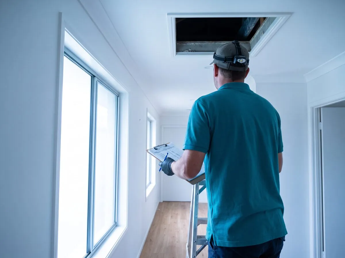 A technician on a step ladder with head and shoulders up through a ceiling manhole into the roof void, clipboard in hand