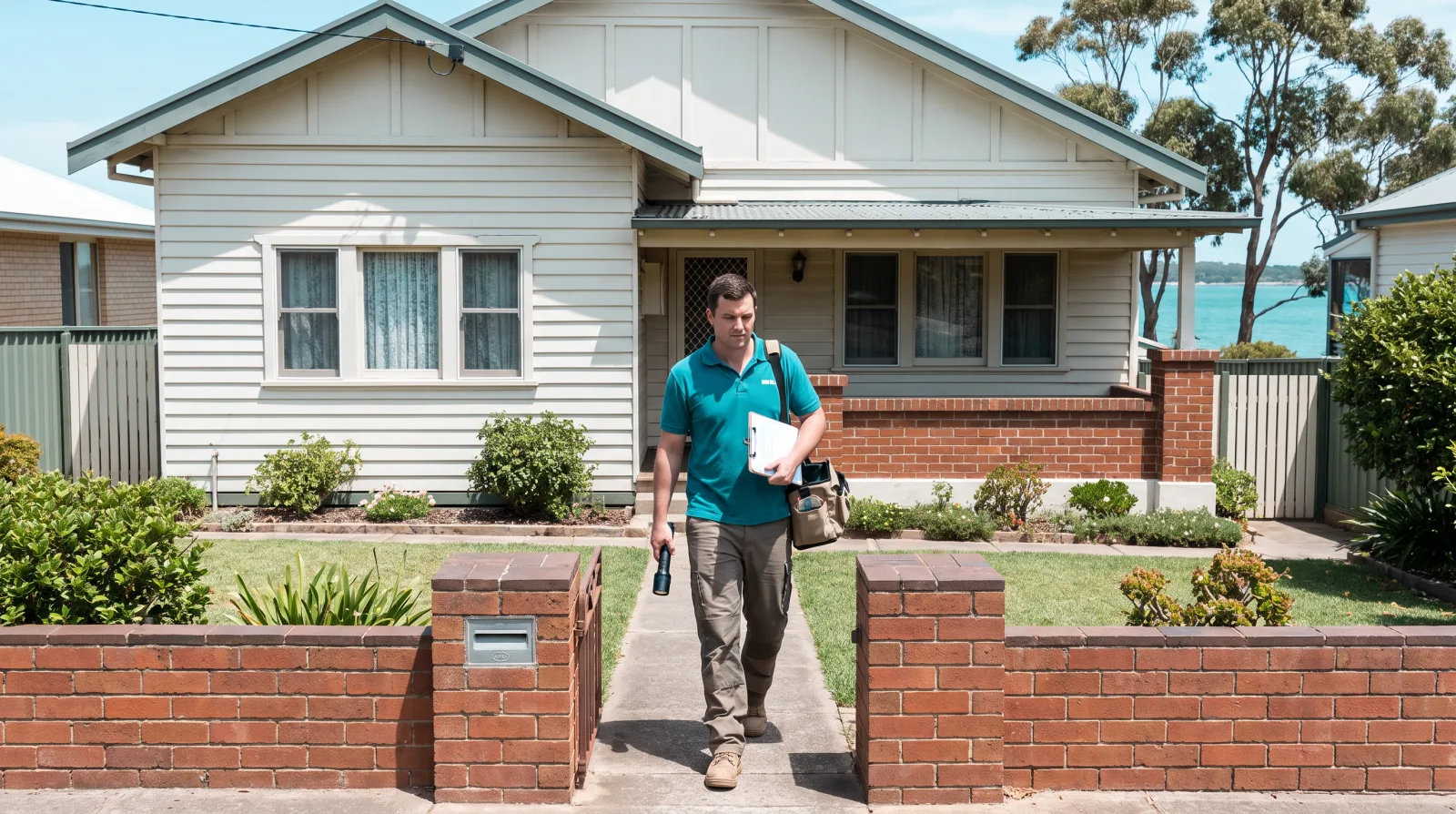 A pest control technician in a teal polo walking up the front path of an established weatherboard Lake Macquarie home, clipboard and torch in hand, the lake visible behind the roofline