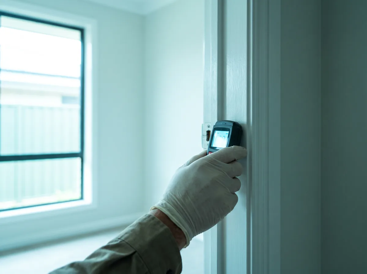 A gloved hand pressing a small handheld moisture meter against the white-painted timber architrave of a doorway in a bright, pale-walled room