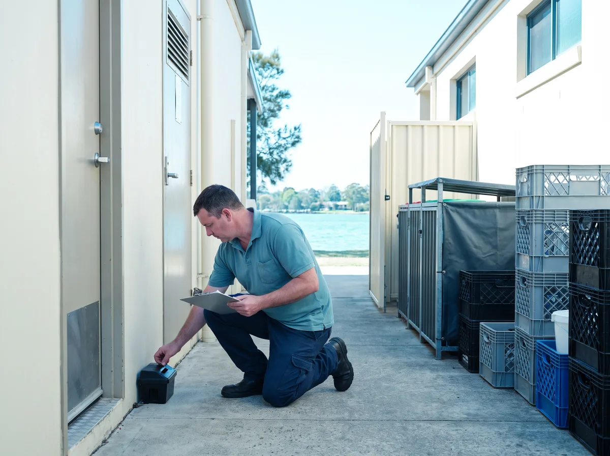 A technician in a teal polo kneels at the rear service door of a lakeside Warners Bay cafe, checking a monitoring station low against the wall, stacked crates and a bin bay tucked aside and the blue-green lake foreshore visible past the building corner