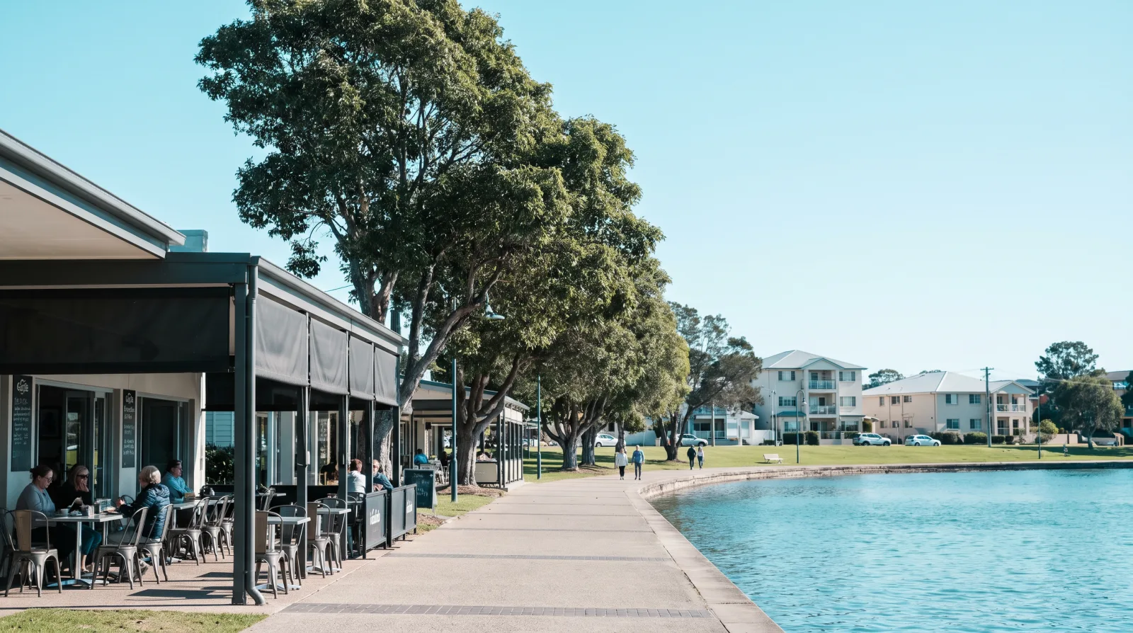 The Warners Bay esplanade at midday: footpath cafe dining under awnings along the foreshore promenade, mature shade trees, the calm blue-green lake to the right and low unit blocks rising behind the strip