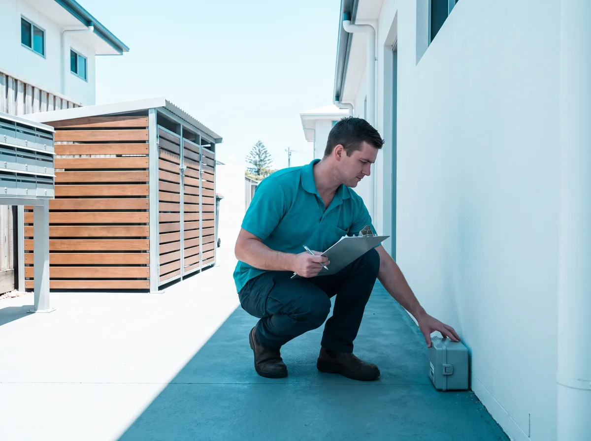 A technician in a teal polo crouches to set a discreet monitoring station along the rendered common wall of a modern unit block, beside a communal bin enclosure and a bank of letterboxes in the shared breezeway